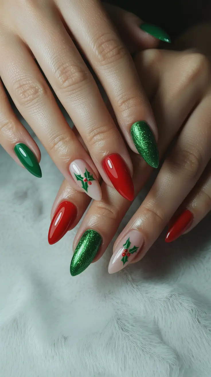 Almond Nail Trends Winter 2025–2026 Classic Holly Spark