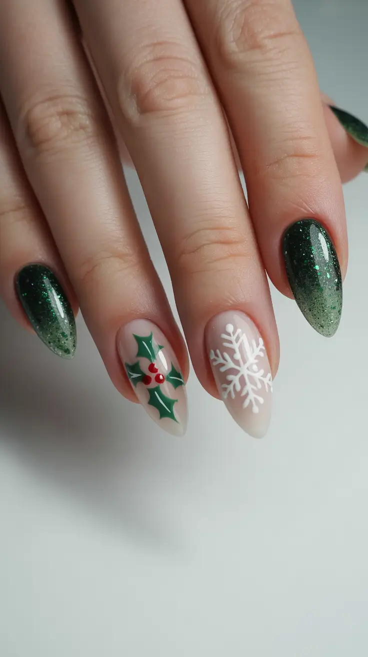 Almond Nail Trends Winter 2025–2026 Snow-Kissed Mistletoe