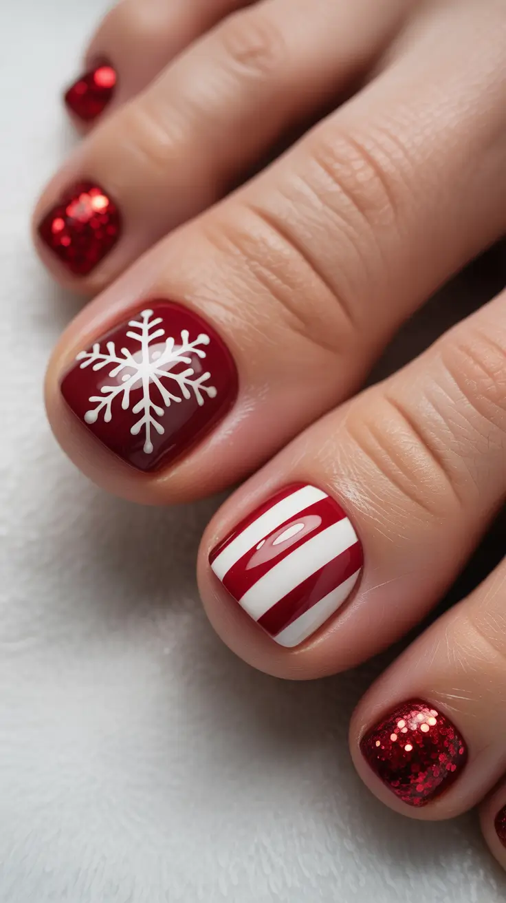 Best Winter Toe Nails 2025-2026 Festive Candy Cane Sparkle