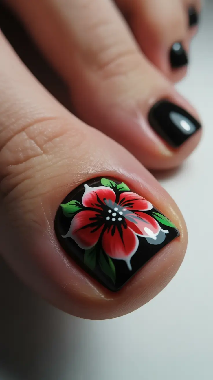 Best Winter Toe Nails 2025-2026 Crimson Flower on Black