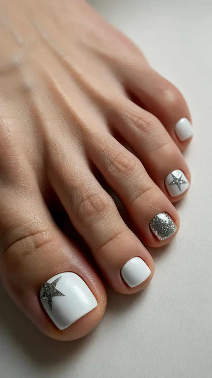 Best Winter Toe Nails 2025-2026 Silver Starry White