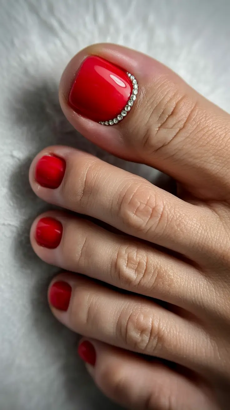Best Winter Toe Nails 2025-2026 Minimal Red with Rhinestone Curve