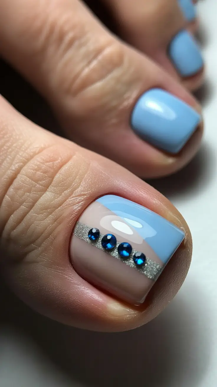 Best Winter Toe Nails 2025-2026 Blue Frost with Gemstone Detail