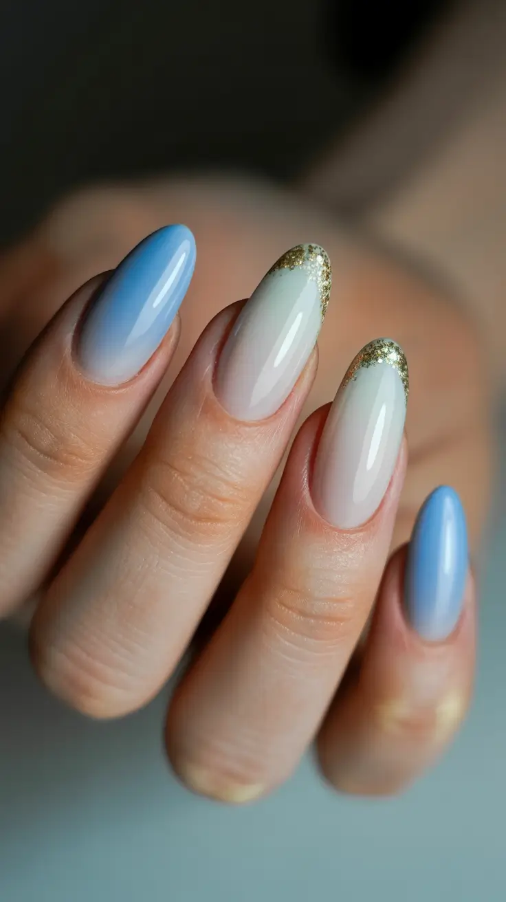 Blue Nail Trends for Winter 2025–2026 Golden Sky Gradient
