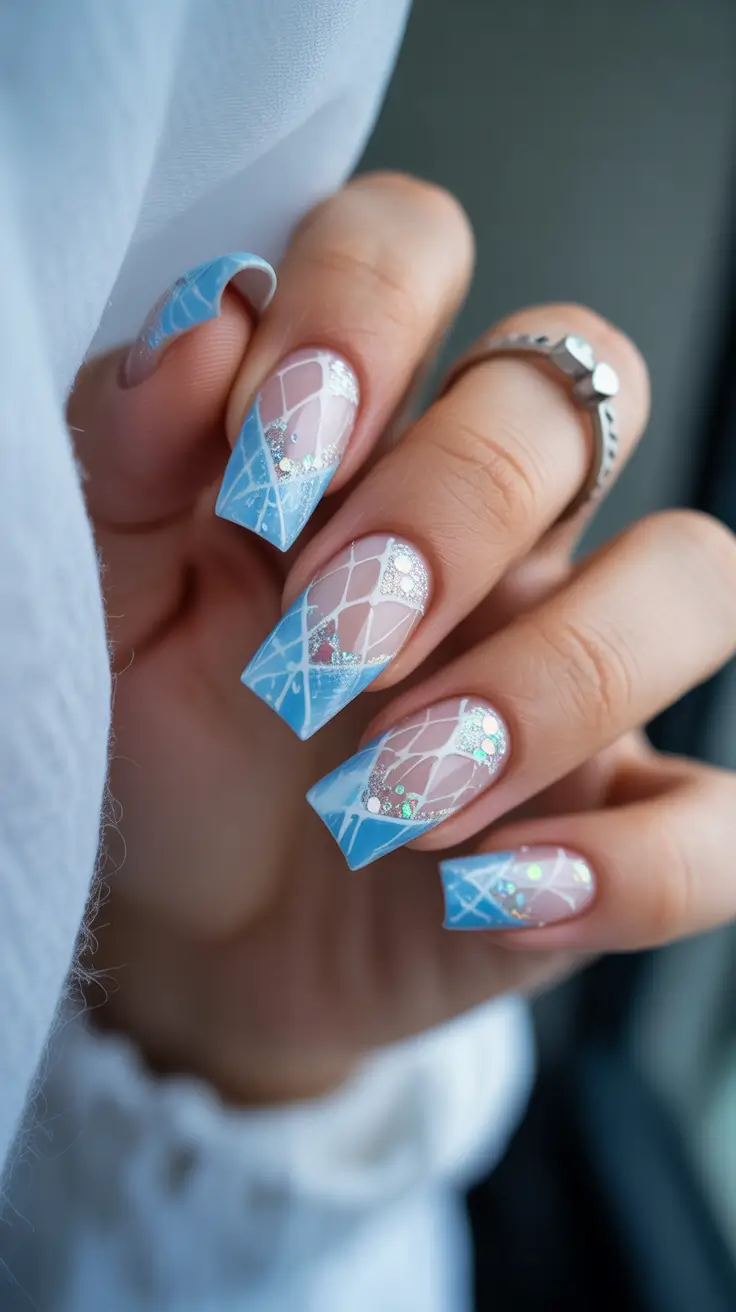Blue Nail Trends for Winter 2025–2026 Glacial Net Glam