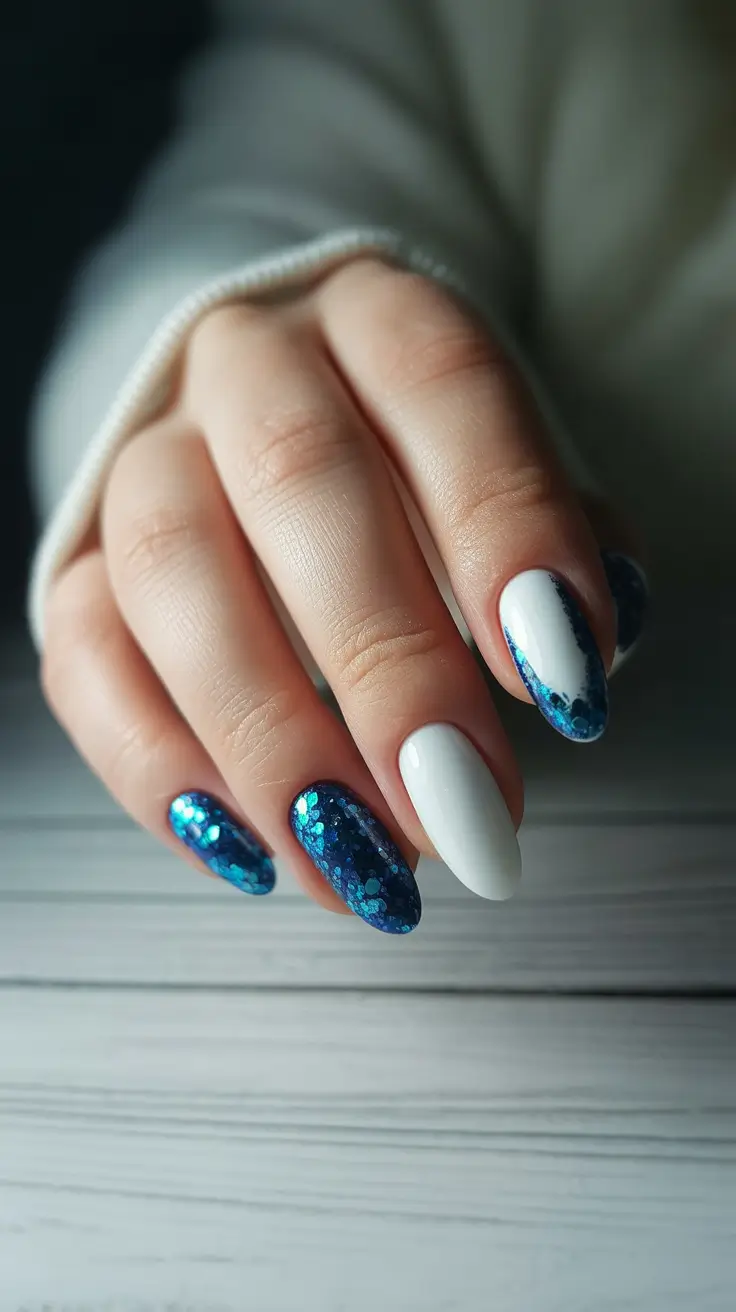 Blue Nail Trends for Winter 2025–2026 Polar Sparkle Contrast