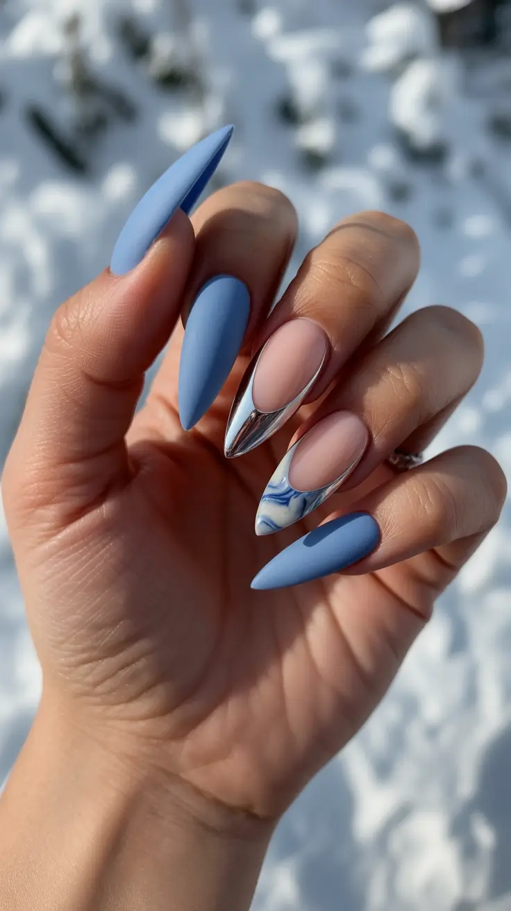 Blue Nail Trends for Winter 2025–2026 Frozen Chrome Drama
