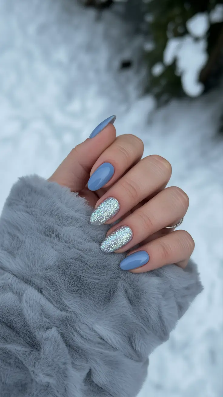 Blue Nail Trends for Winter 2025–2026 Silver Mist Serenity