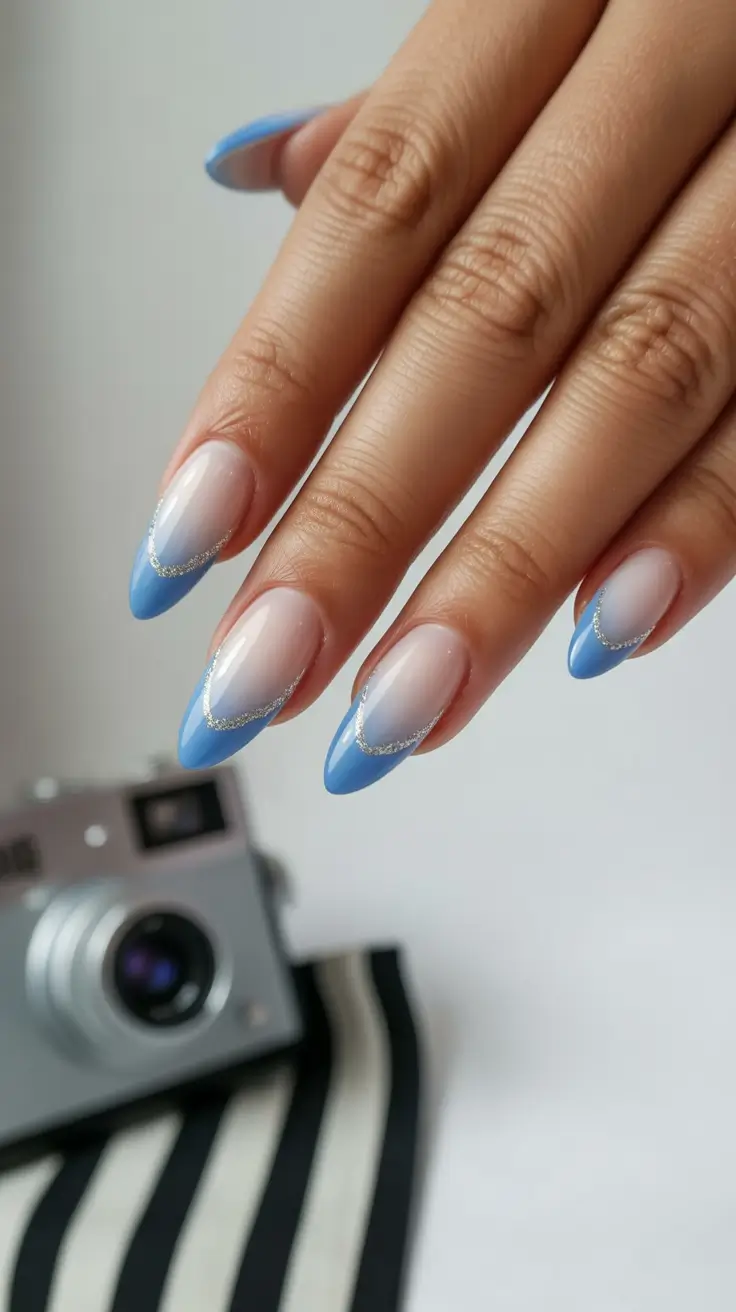 Blue Nail Trends for Winter 2025–2026 Crystal-Tipped French