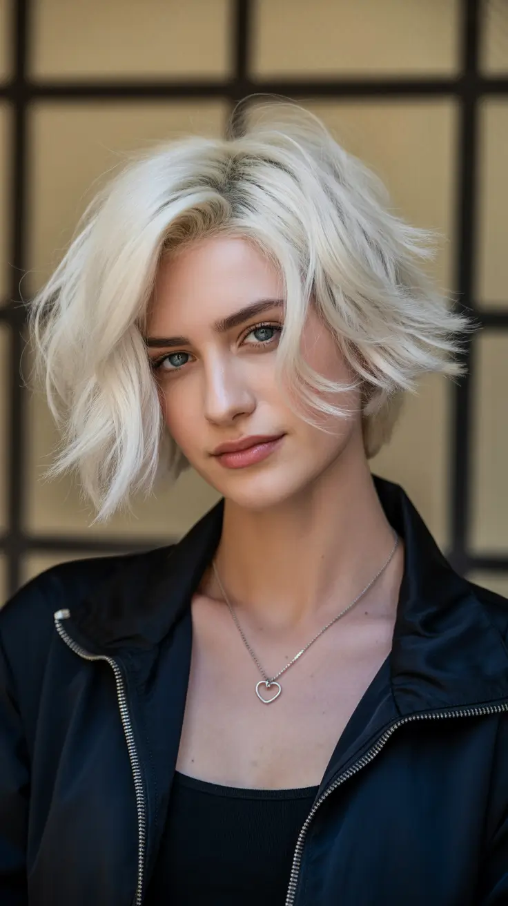 winter bob haircuts 2025-2026 Messy Angled Bob with Platinum Texture