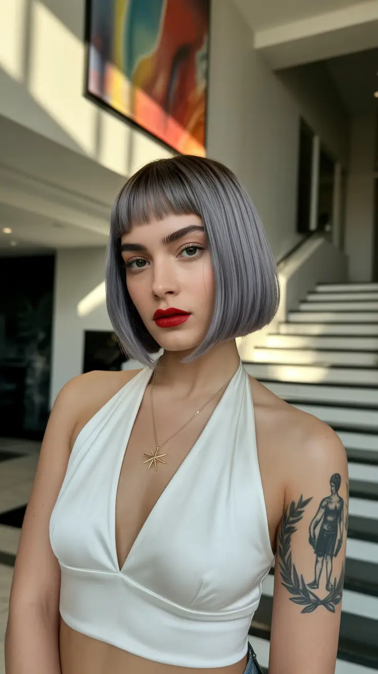 winter bob haircuts 2025-2026 Modern Micro Bob in Smoky Silver