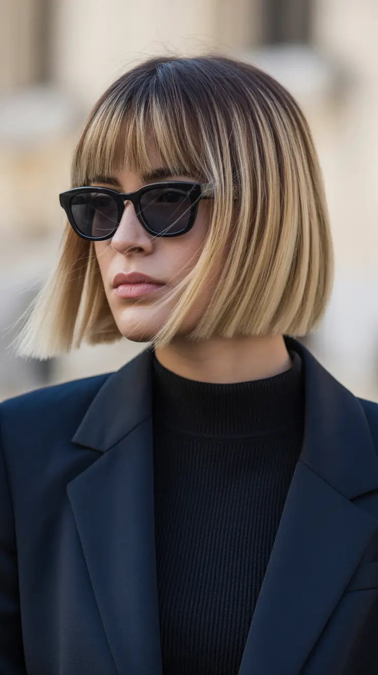 winter bob haircuts 2025-2026 Bold Bob with Bangs and Street Attitude