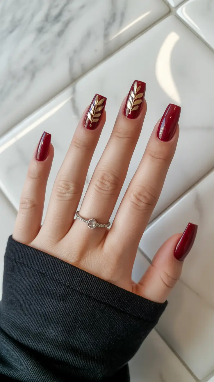 Burgundy Winter Nails Colors 2025–2026 Golden Leaf Accents