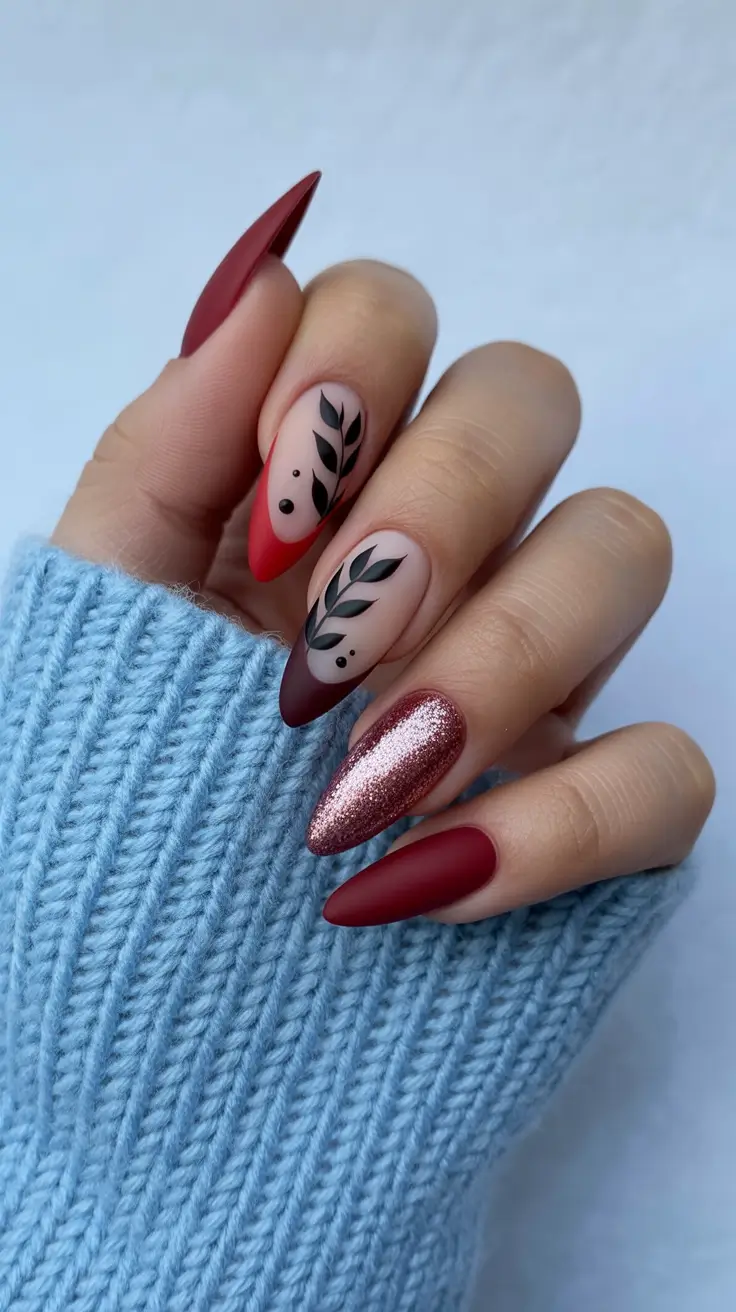 Burgundy Winter Nails Colors 2025–2026 Frosted Cranberry Leaves