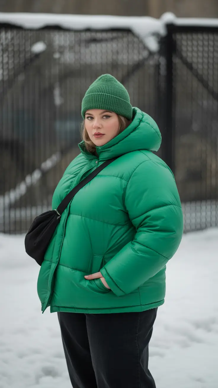 winter capsule wardrobe for plus size women 2025-2026 Evergreen Puffer Energy