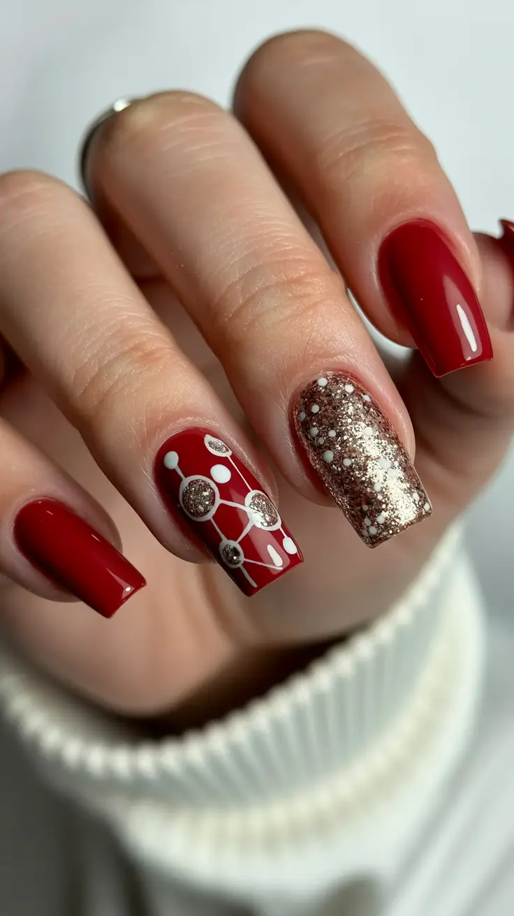 coffin winter nails design and color ideas 2025 2026 Red Velvet & Golden Frost