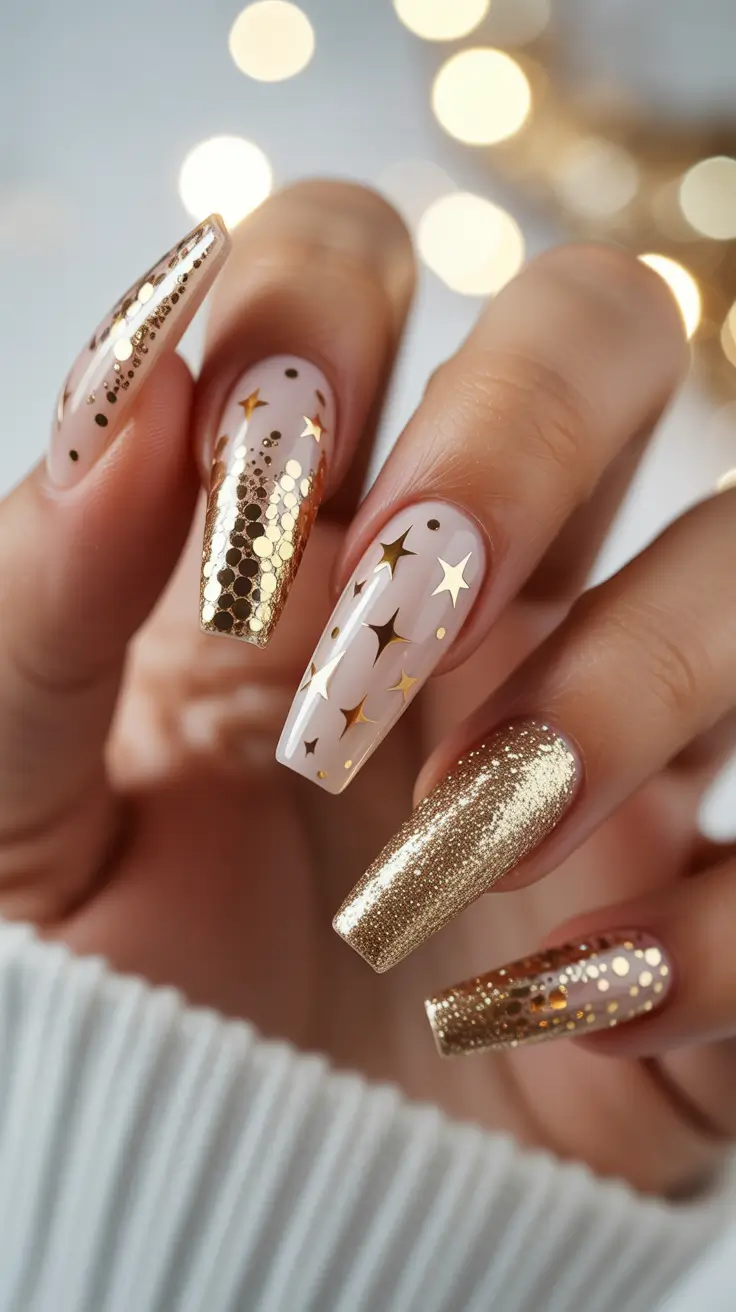 coffin winter nails design and color ideas 2025 2026 Golden Galaxy
