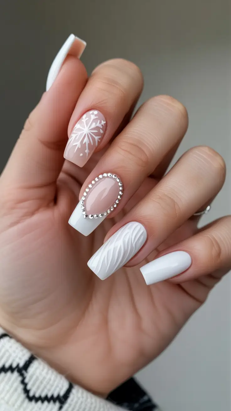coffin winter nails design and color ideas 2025 2026 Frosted Knit White