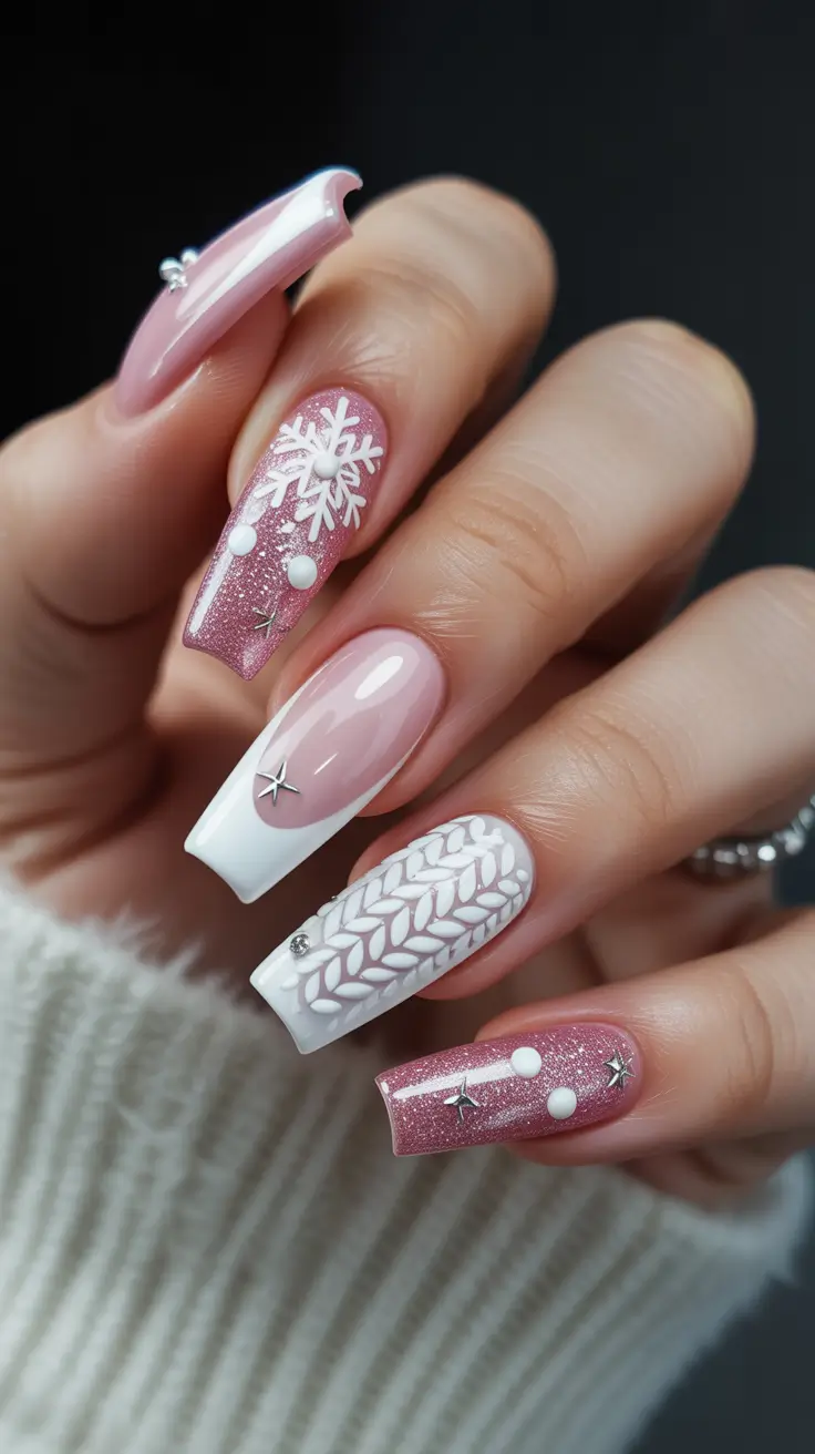 coffin winter nails design and color ideas 2025 2026 Pink Snowfall