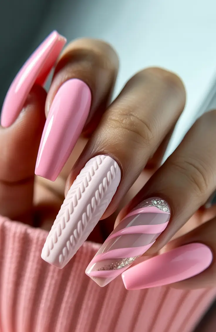 coffin winter nails design and color ideas 2025 2026 soft knit pink elegance