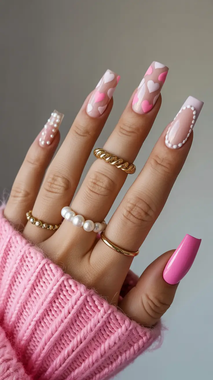 coffin winter nails design and color ideas 2025 2026 heartbeats in pink and pearls