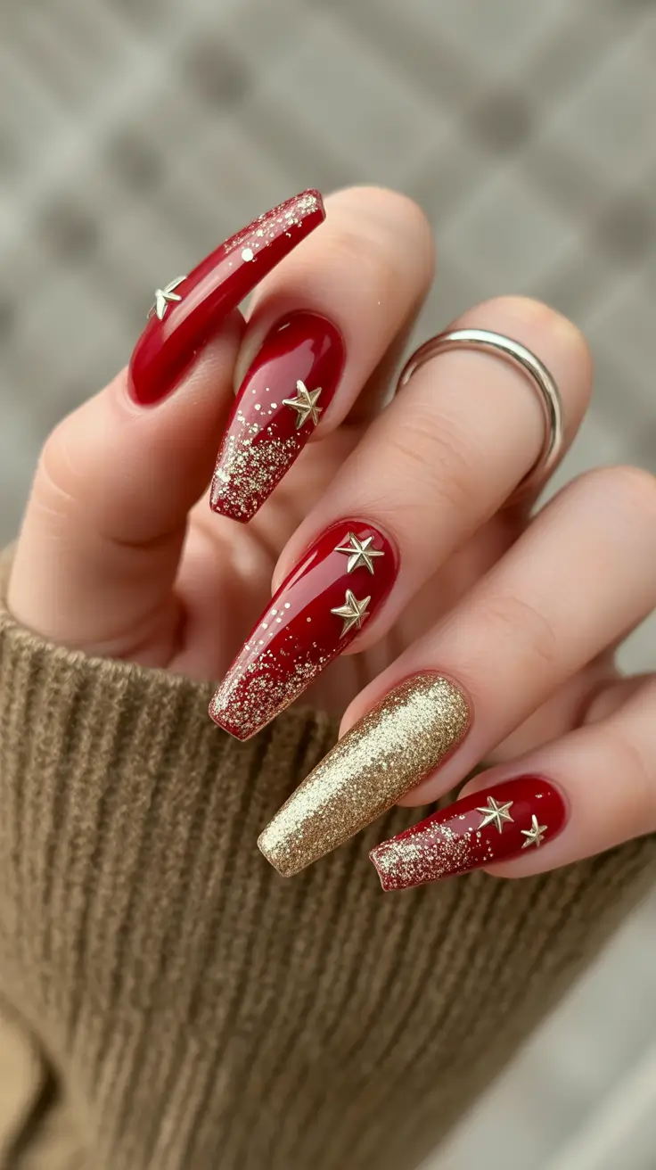 coffin winter nails design and color ideas 2025 2026 Golden Stars & Scarlet Dreams