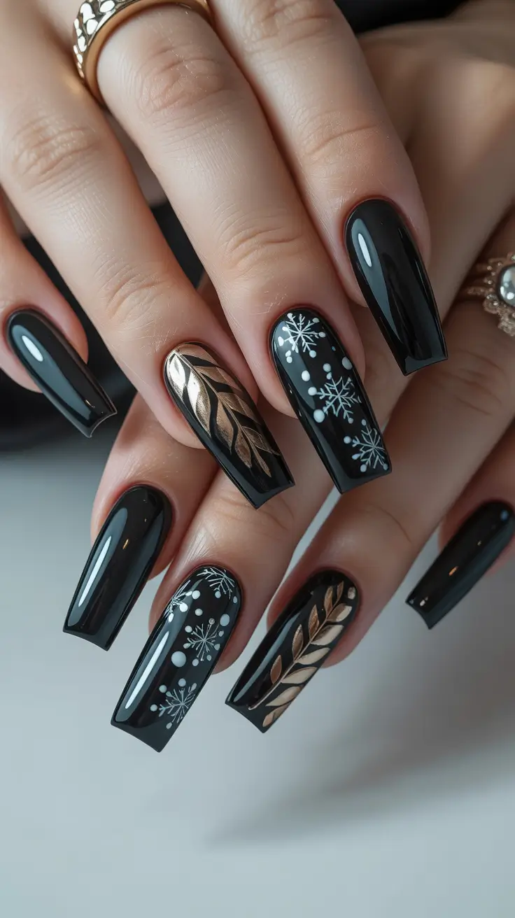 coffin winter nails design and color ideas 2025 2026 golden frost noir