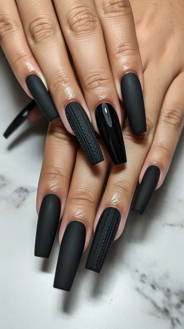 coffin winter nails design and color ideas 2025 2026 matte midnight geometry