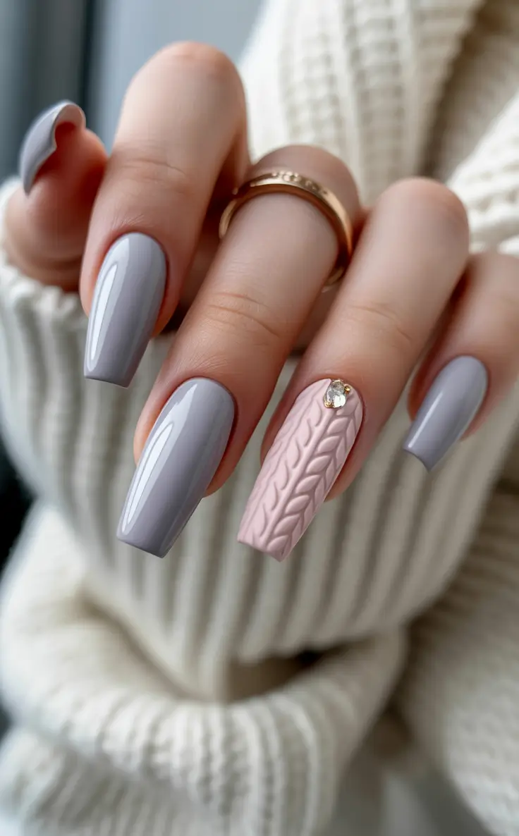 coffin winter nails design and color ideas 2025 2026 cozy gray knit elegance