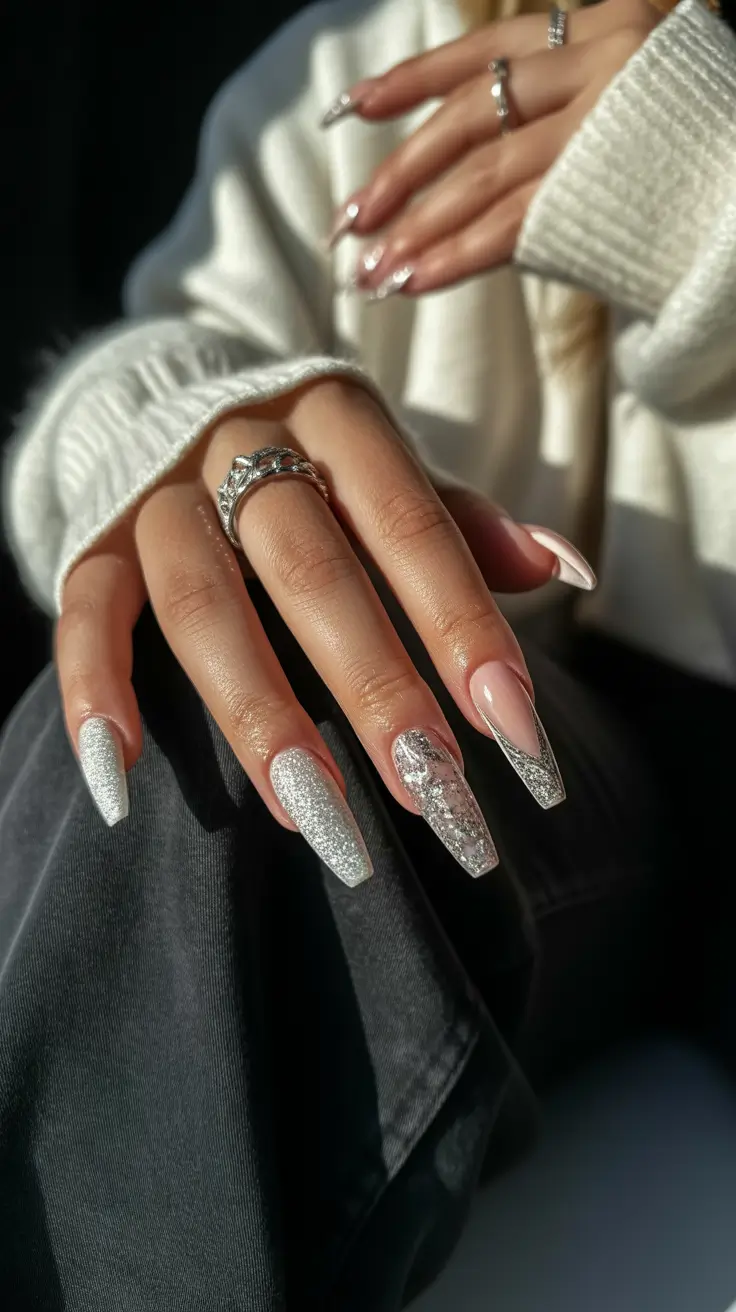 coffin winter nails design and color ideas 2025 2026 silver blush french spark