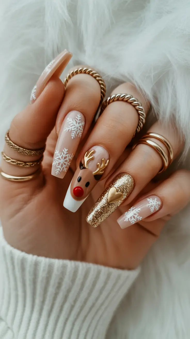 coffin winter nails design and color ideas 2025 2026 Frosted Reindeer Charm