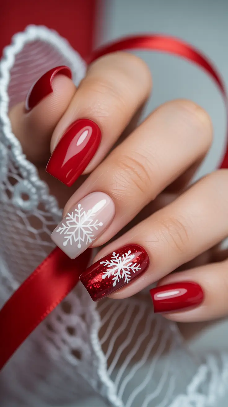 coffin winter nails design and color ideas 2025 2026 Snowflake Symphony