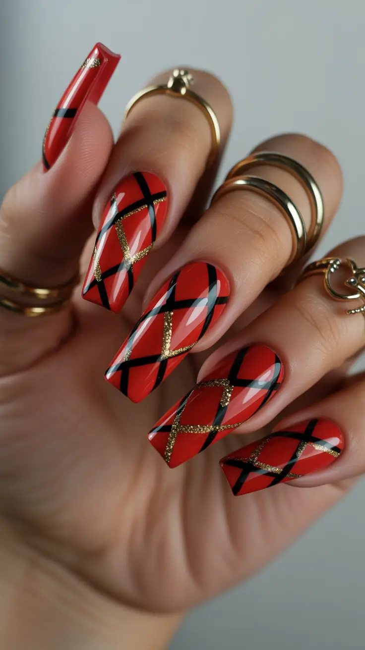 coffin winter nails design and color ideas 2025 2026 Crimson Plaid Luxe