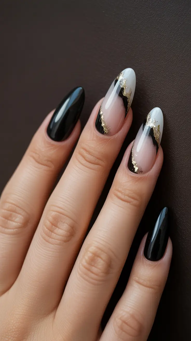 cute dark nails color for winter 2025 2026 gilded monochrome