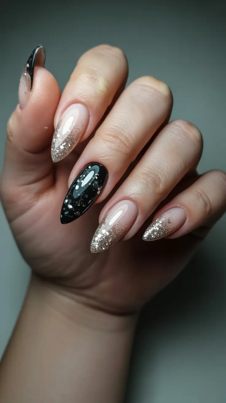 cute dark nails color for winter 2025 2026 champagne stardust