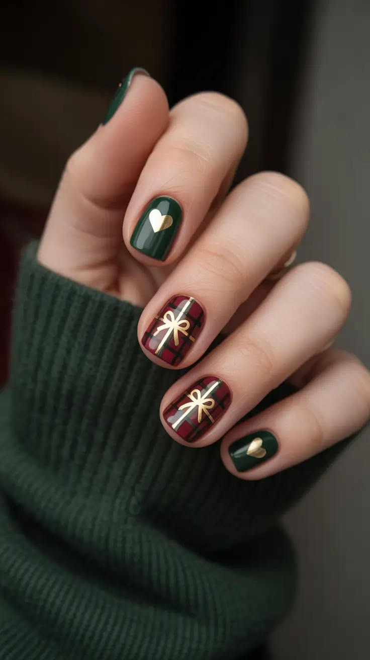 Cute dark nails color for winter 2025-2026 Green Velvet Charm with Golden Touch