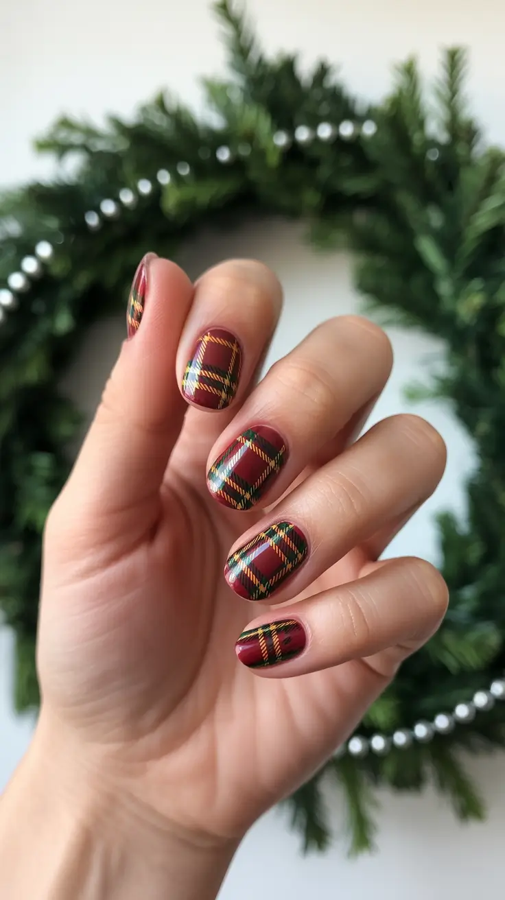 Cute dark nails color for winter 2025-2026 Cozy Plaid Elegance