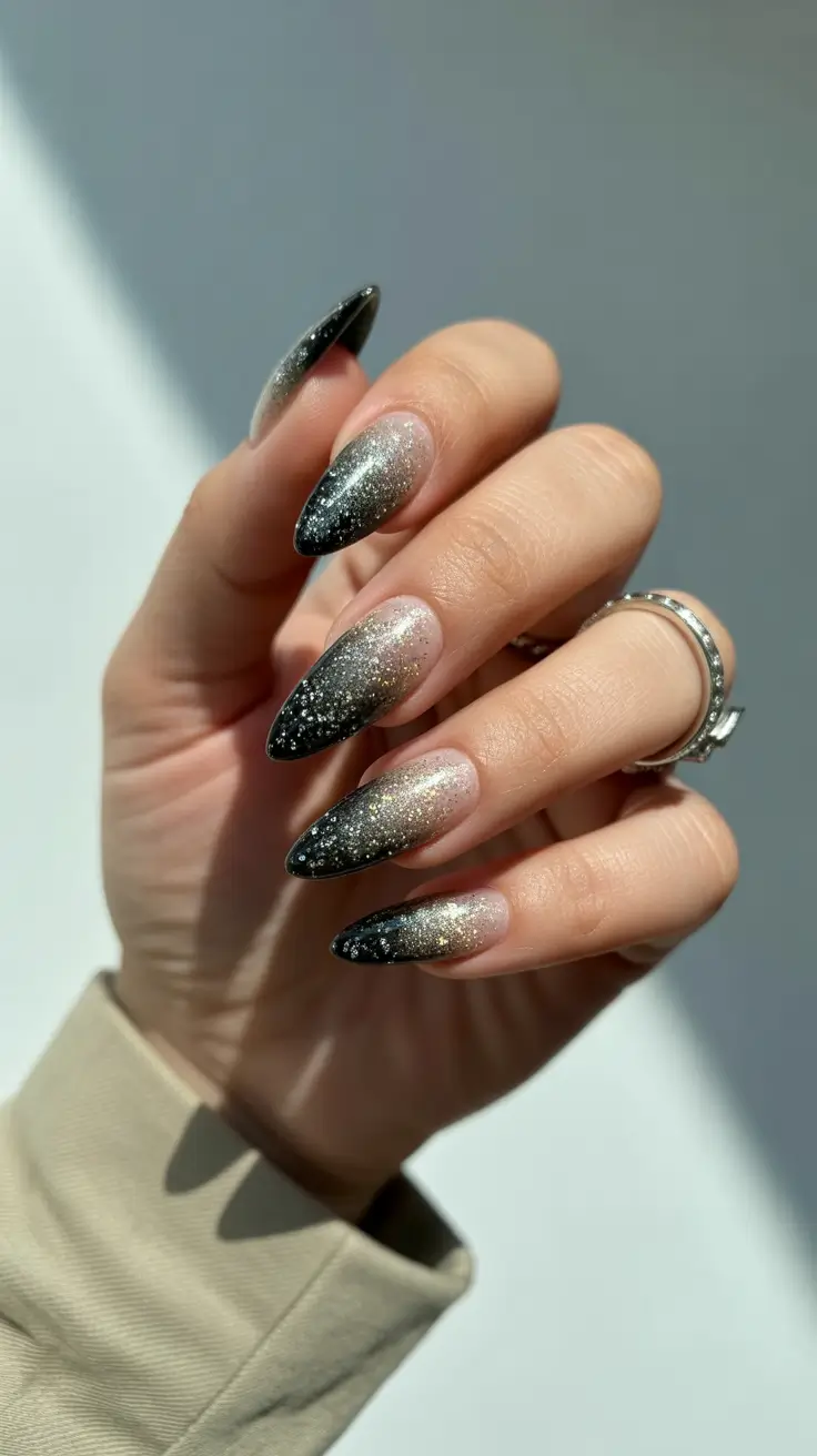 Cute dark nails color for winter 2025-2026 Black Starlight Gradient