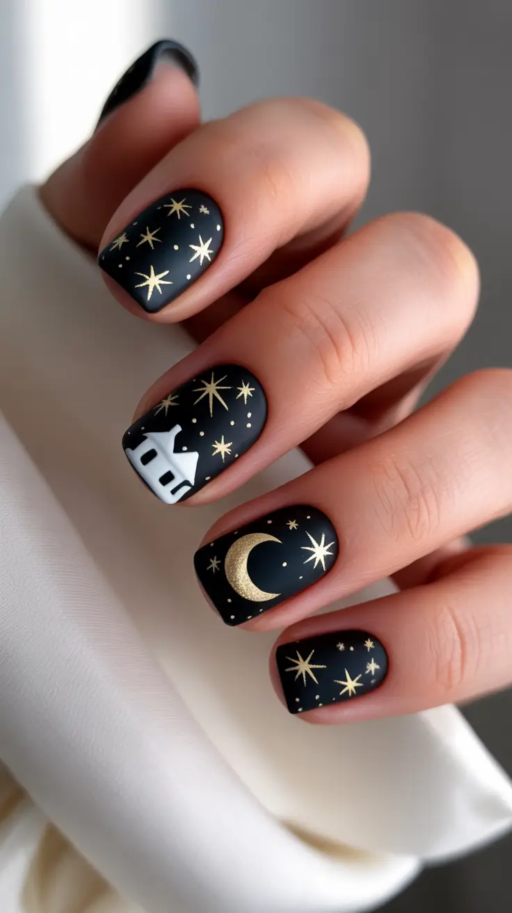 Cute dark nails color for winter 2025-2026 Golden Moonlit Night