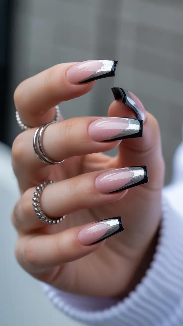 Cute dark nails color for winter 2025-2026 Silver-Edged Modern French