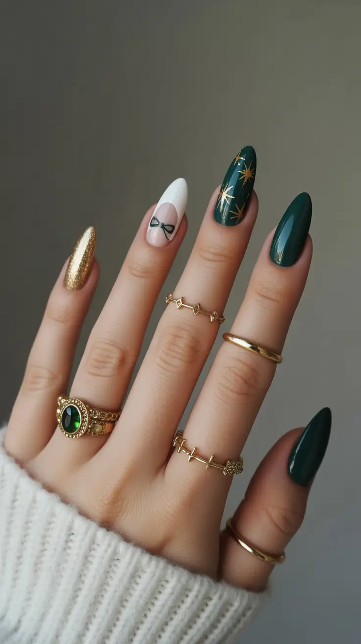 Cute dark nails color for winter 2025-2026 Emerald Glamour with Holiday Spark