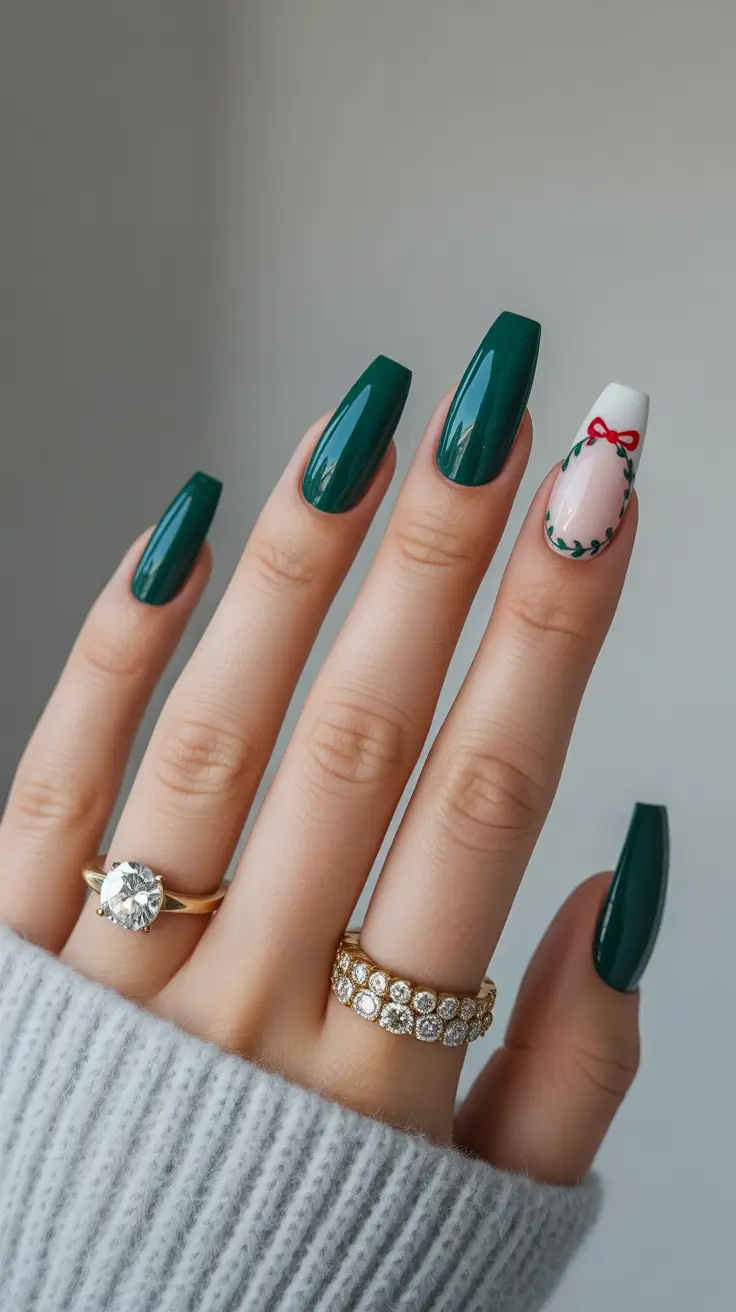 Cute dark nails color for winter 2025-2026 Classic Green with a Festive Bow