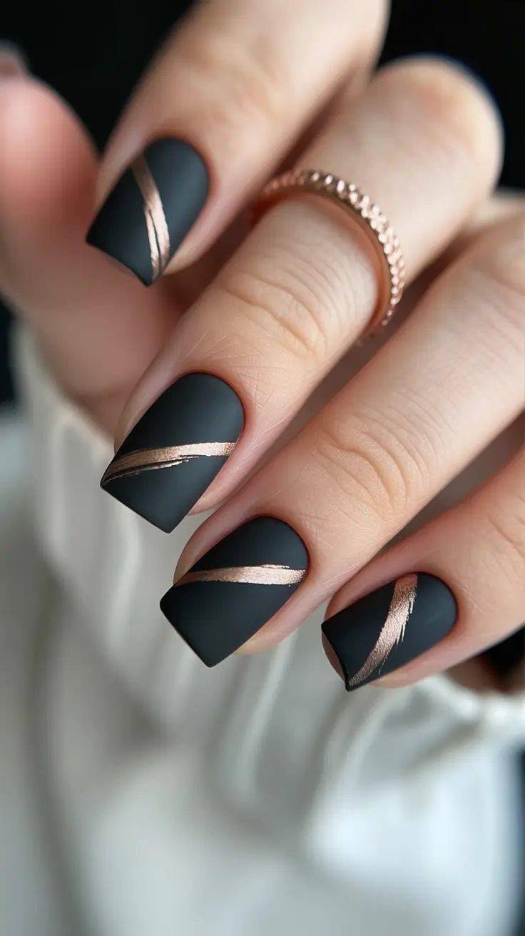 cute dark nails color for winter 2025 2026 matte noir with rose gold stripes