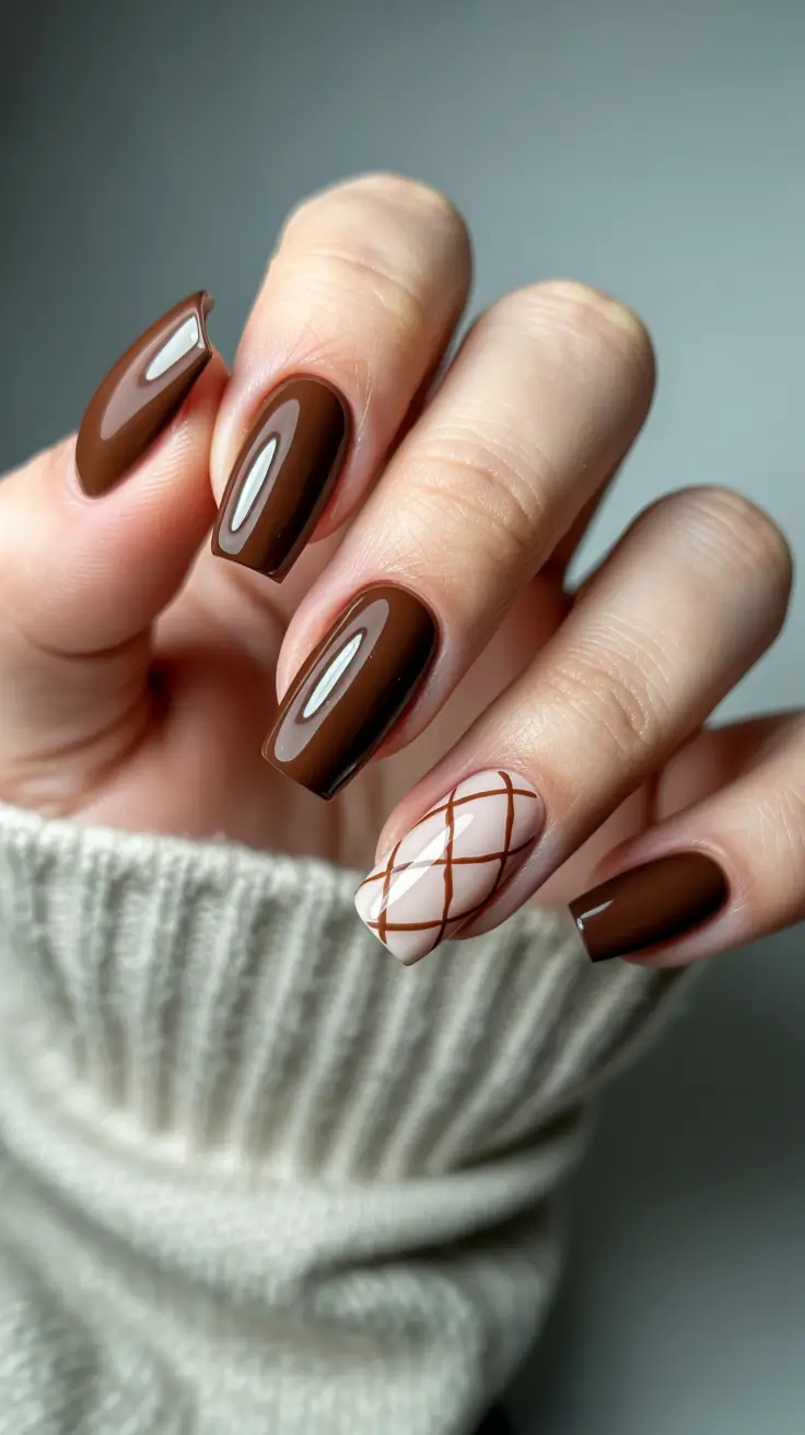 cute dark nails color for winter 2025 2026 caramel grid