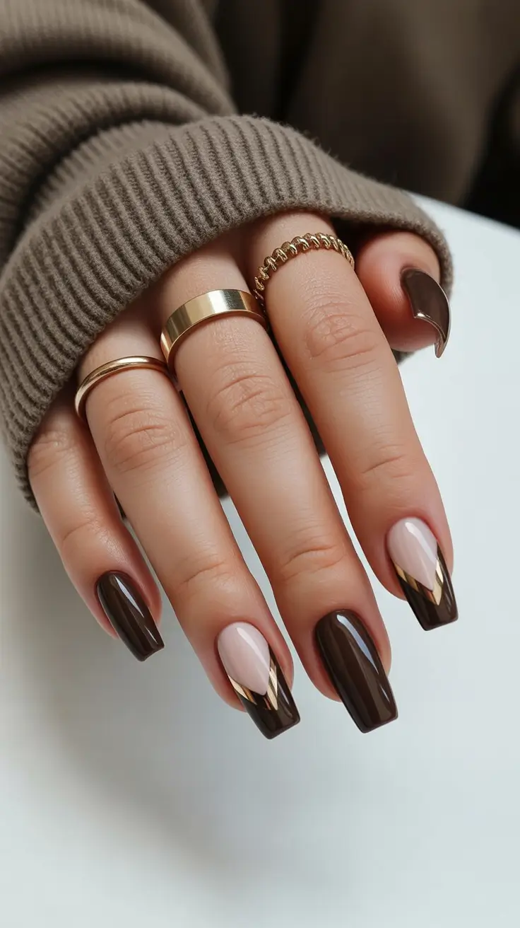 cute dark nails color for winter 2025 2026 golden mocha tips