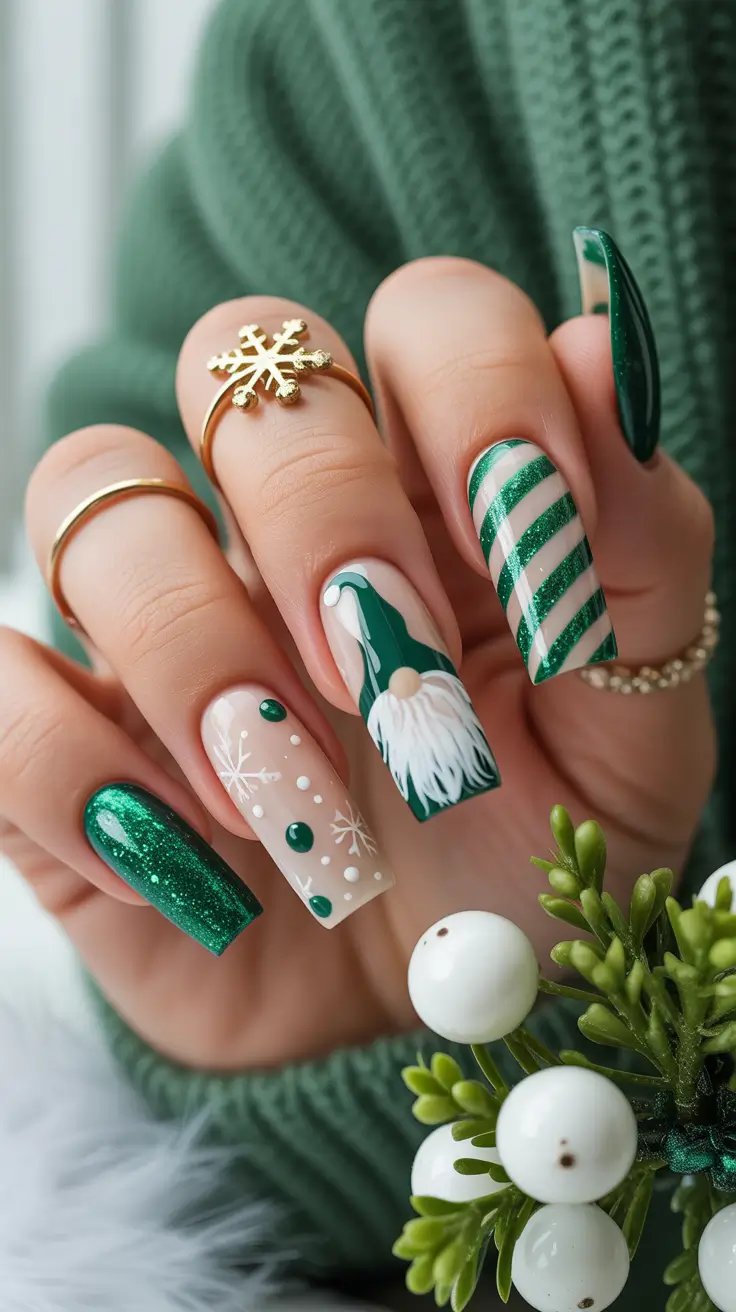Cute Green Christmas Nails 2025 Emerald Enchantment with a Festive Twist