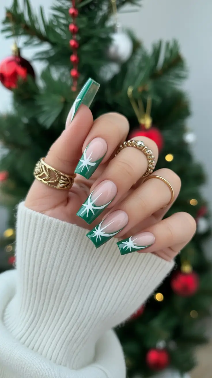 Cute Green Christmas Nails 2025 Modern Green French with Star Flare