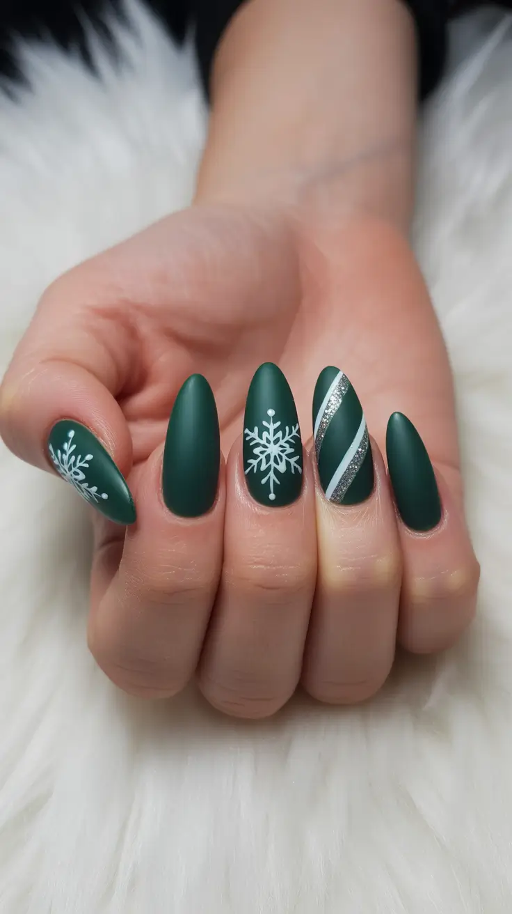 Cute Green Christmas Nails 2025 Frosted Pine Matte with Silver Stripes