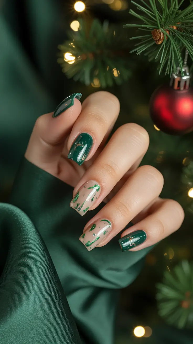 Cute Green Christmas Nails 2025 Evergreen Sparkles and Gold Accents