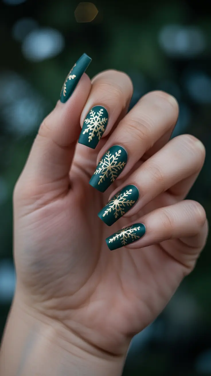 Cute Green Christmas Nails 2025 Golden Snowflake Majesty